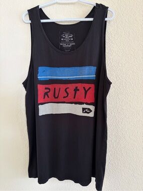 Rusty Men’s Black Graphic Tank Top - Blue/Red/White Stripe
